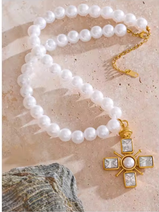 Anthropologie Jewelry - Gold Cross Pearl Pendant Necklace